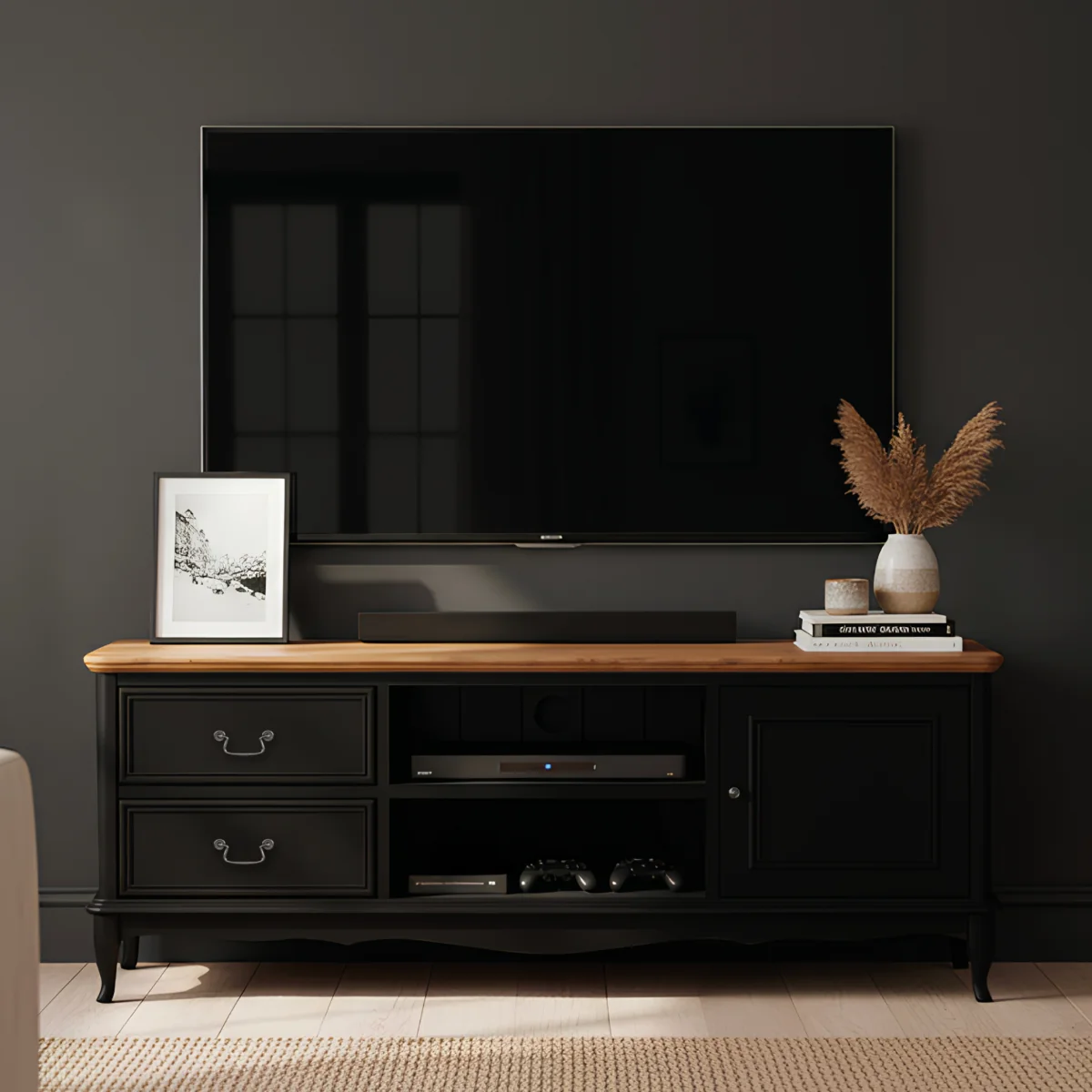 Chateau Noir Oak and Black Painted Super Wide TV Cabinet – image 3