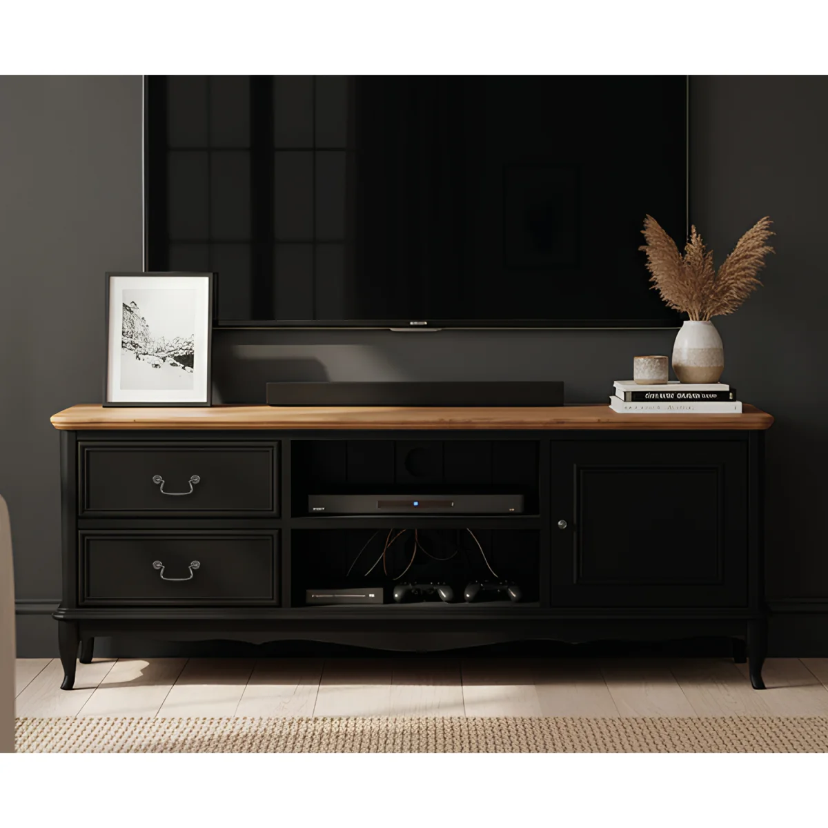 Chateau Noir Oak and Black Painted Super Wide TV Cabinet – image 4