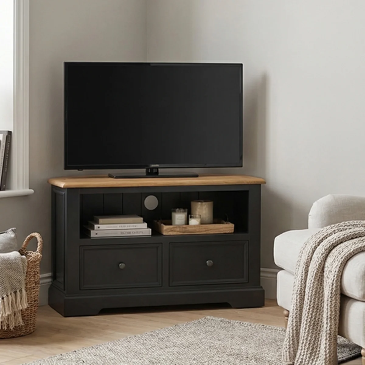 Charlton Oak and Black Painted Corner TV Cabinet – image 2