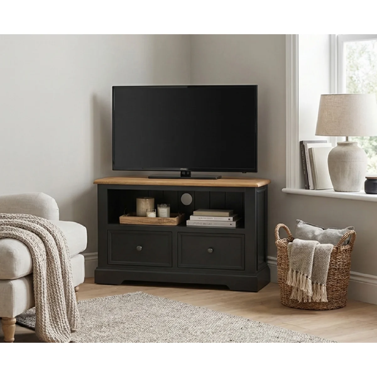 Charlton Oak and Black Painted Corner TV Cabinet – image 3