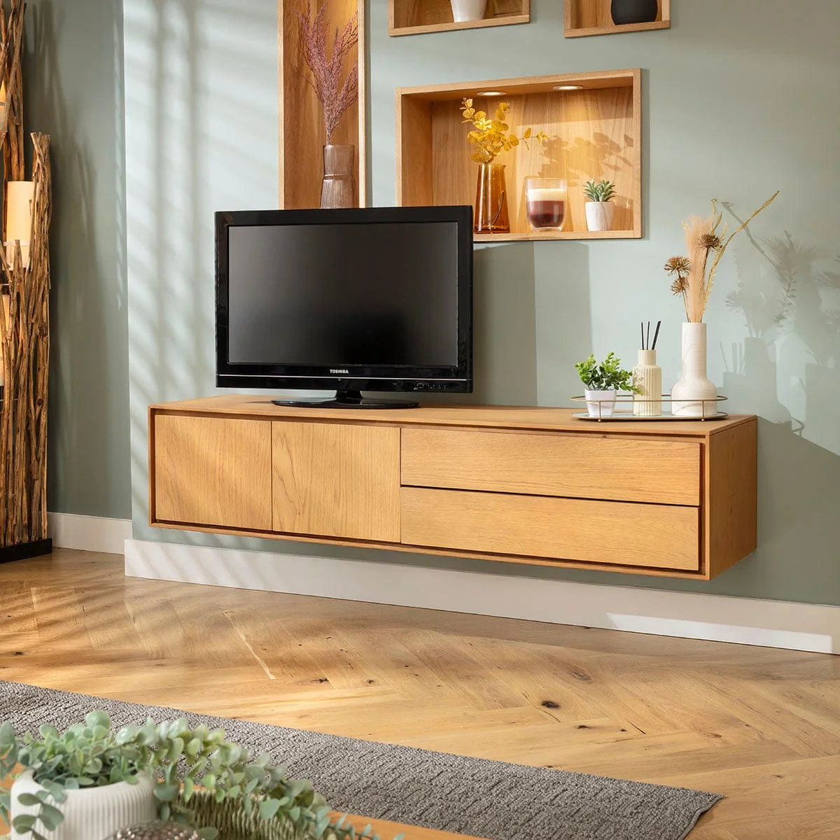 Modern Wooden TV Stand Cabinet Freestanding Wall Media Unit Light 125cm – image 2