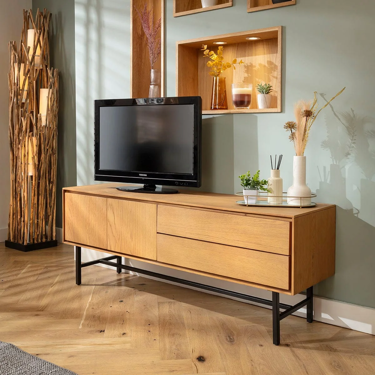Modern Wooden TV Stand Cabinet Freestanding Wall Media Unit Light 125cm – image 3