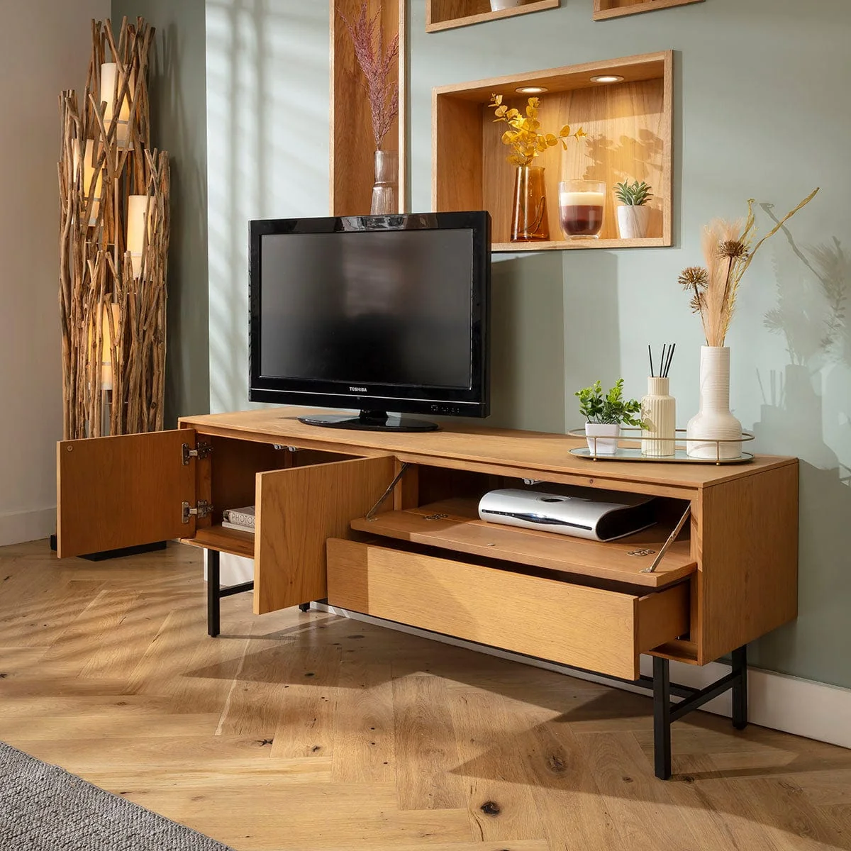 Modern Wooden TV Stand Cabinet Freestanding Wall Media Unit Light 125cm – image 4