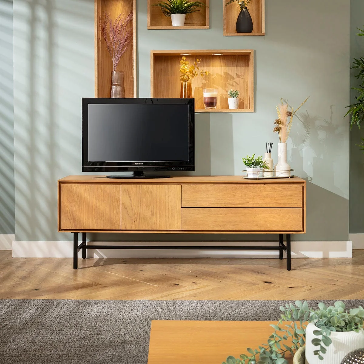 Modern Wooden TV Stand Cabinet Freestanding Wall Media Unit Light 125cm – image 5