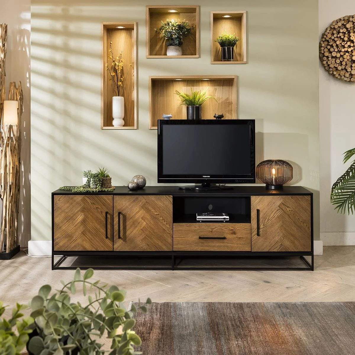 Industrial Solid Wood TV Stand Cabinet Parquet Herringbone Black 200cm – image 1