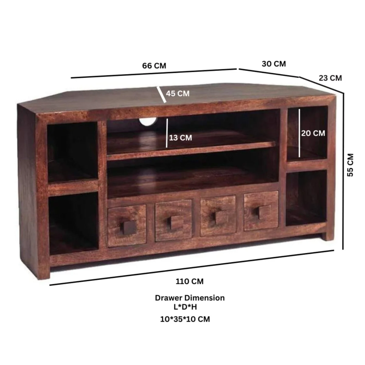 Phuket Corner TV Unit Dark Mango Wood 4 Drawers 6 Shelves - Brown – image 2