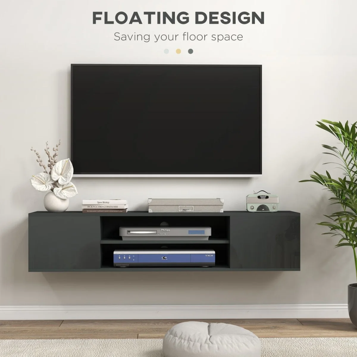 Minoco Grey Floating TV Stand with Shelf and Doors - Fits Up to 60 Inches – image 2
