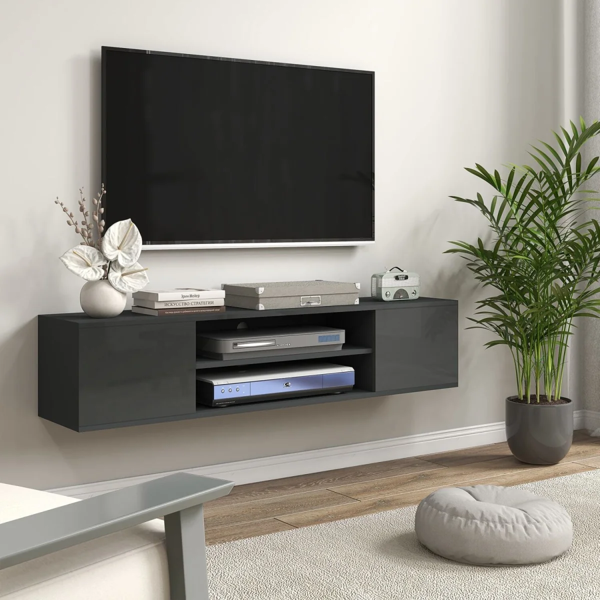 Minoco Grey Floating TV Stand with Shelf and Doors - Fits Up to 60 Inches – image 4