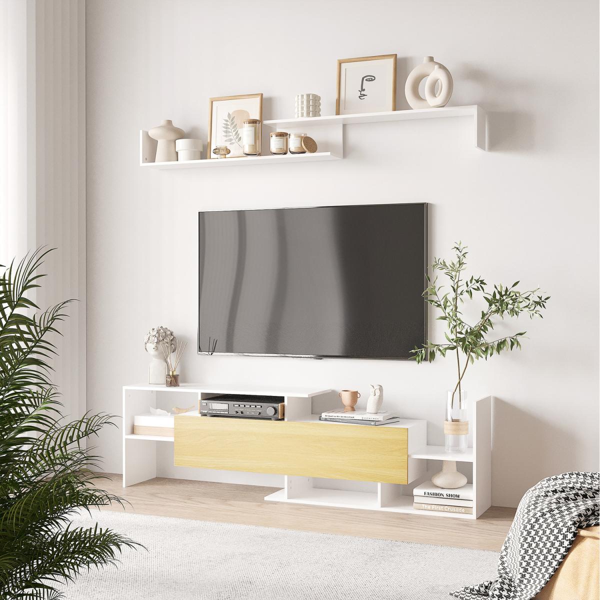 HOMCOM TV Cabinet with Wall Shelf and Storage Cabinet - Natural and White