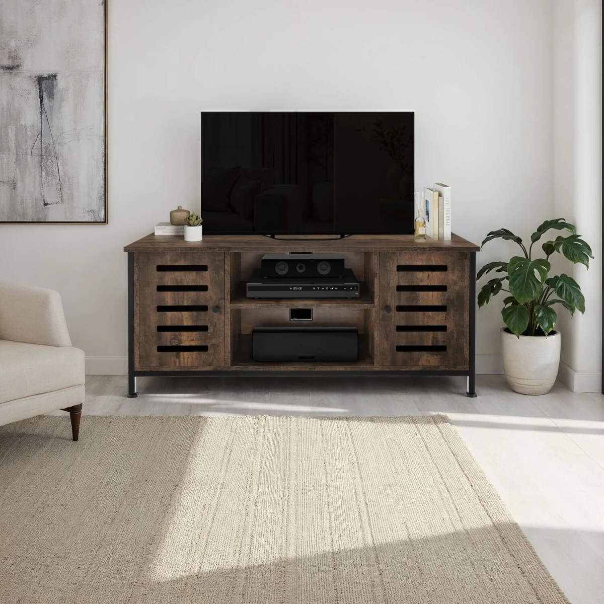 TV Stand Carlow, Lowboard with 2 Cabinets, Shelves, 2 Cable Cutouts - Industrial wood dark, rustic – image 3