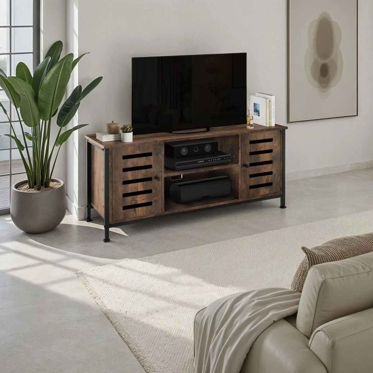 TV Stand Carlow, Lowboard with 2 Cabinets, Shelves, 2 Cable Cutouts - Industrial wood dark, rustic – image 4
