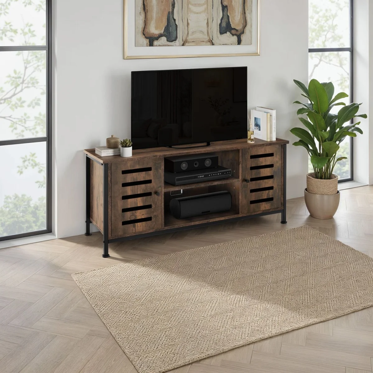 TV Stand Carlow, Lowboard with 2 Cabinets, Shelves, 2 Cable Cutouts - Industrial wood dark, rustic – image 1