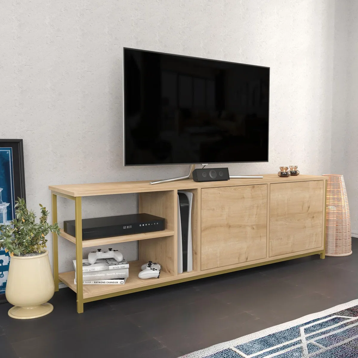 Primrose Wide Tv Stand - Sapphire Oak and Gold - Sapphire Oak – image 4