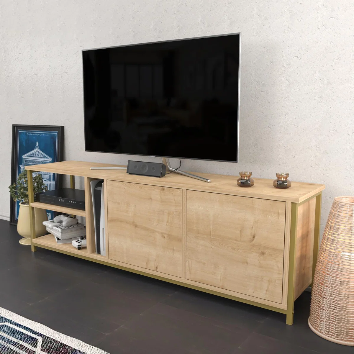 Primrose Wide Tv Stand - Sapphire Oak and Gold - Sapphire Oak – image 5