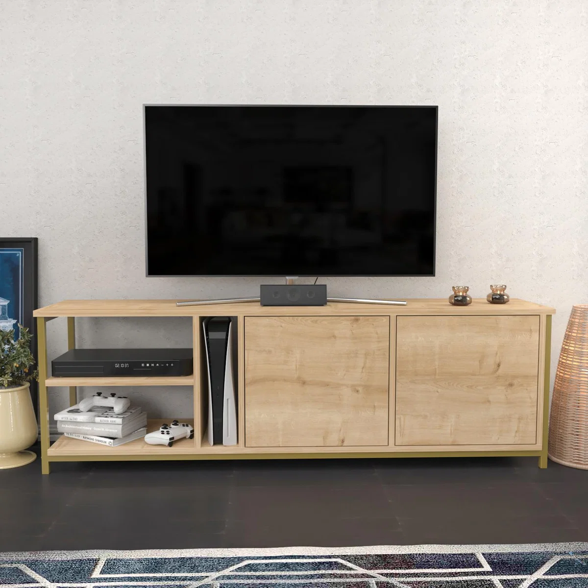 Primrose Wide Tv Stand - Sapphire Oak and Gold - Sapphire Oak – image 1