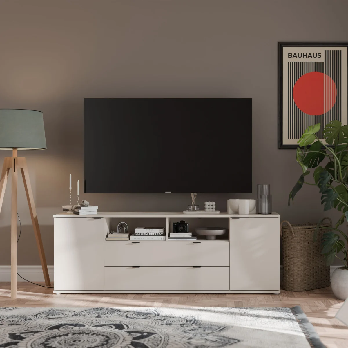 Ganymede Wide TV Unit with Open Shelving, 2 Drawers & 2 Doors - Sand – image 2