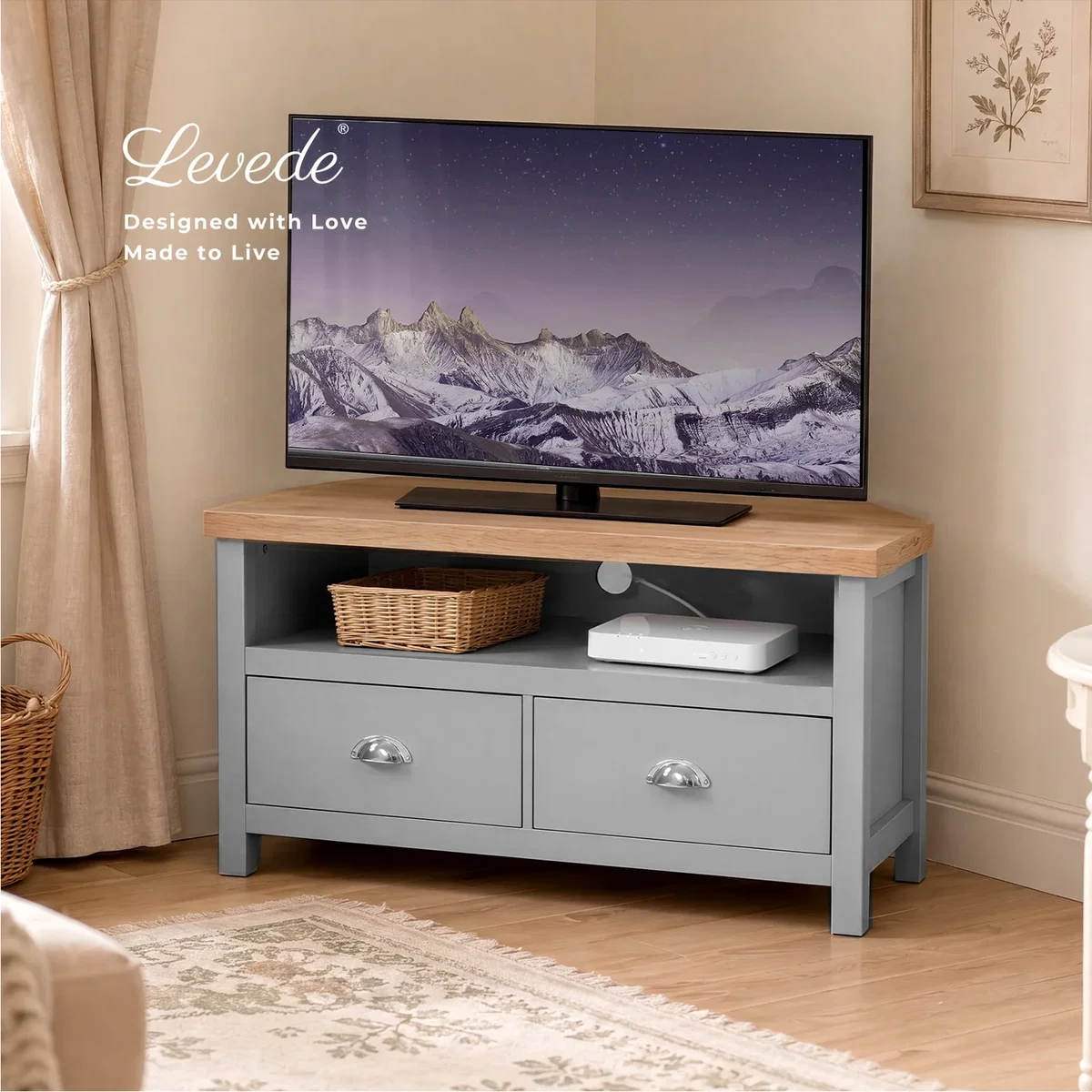 Small TV Cabinet with Storage Drawer Corner TV Stand - Brown – image 3