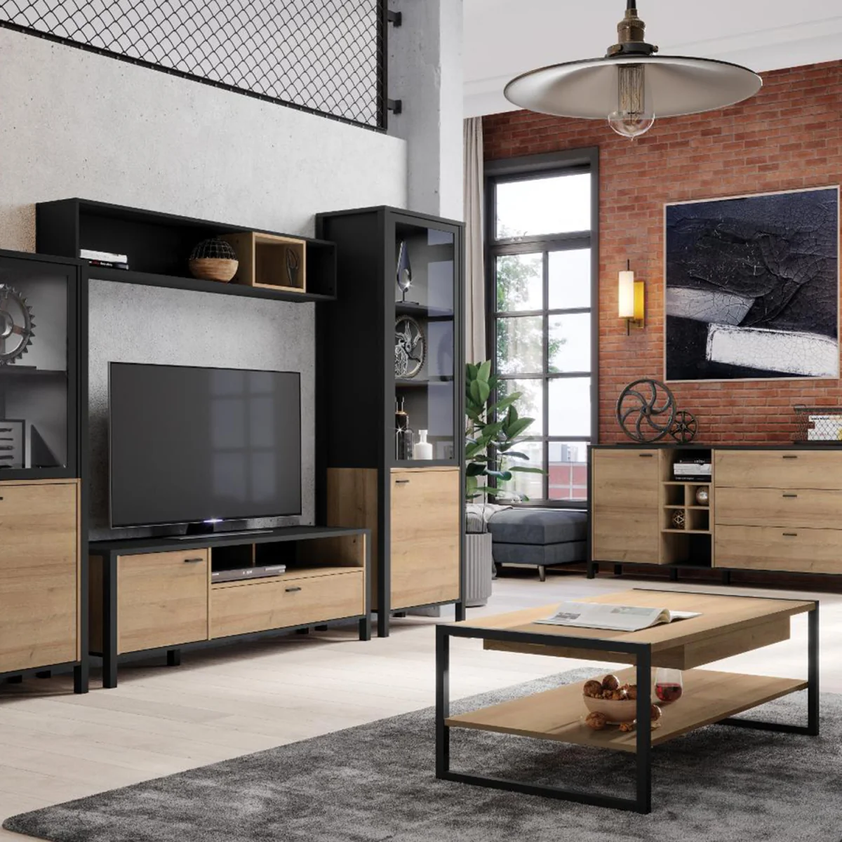 High Rock TV Unit in Matt Black/Riviera Oak - Black & Riviera Oak – image 2