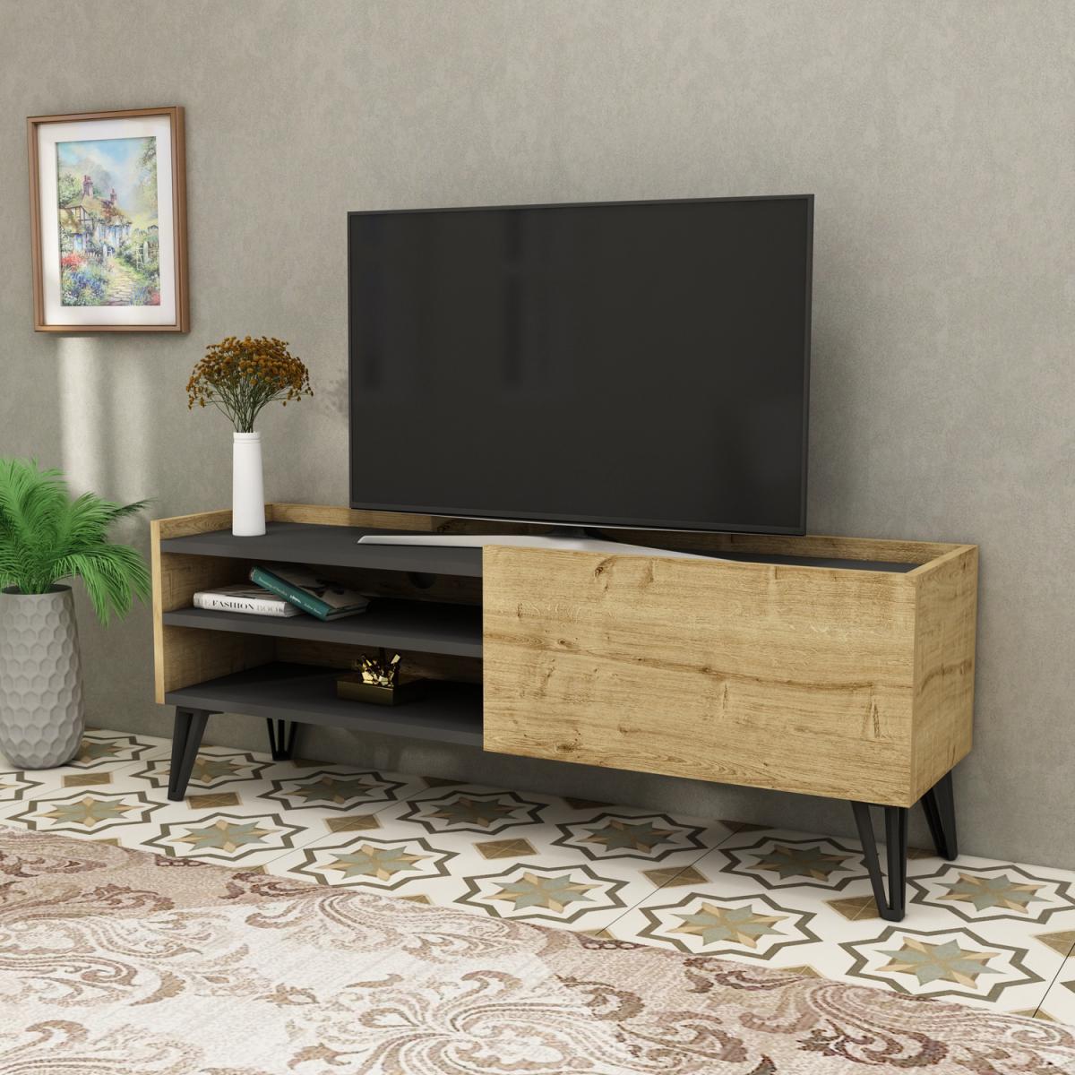 Pivotal TV Stand and Media Console with Cabinet and Shelves - Sapphire Oak - Anthracite – image 4