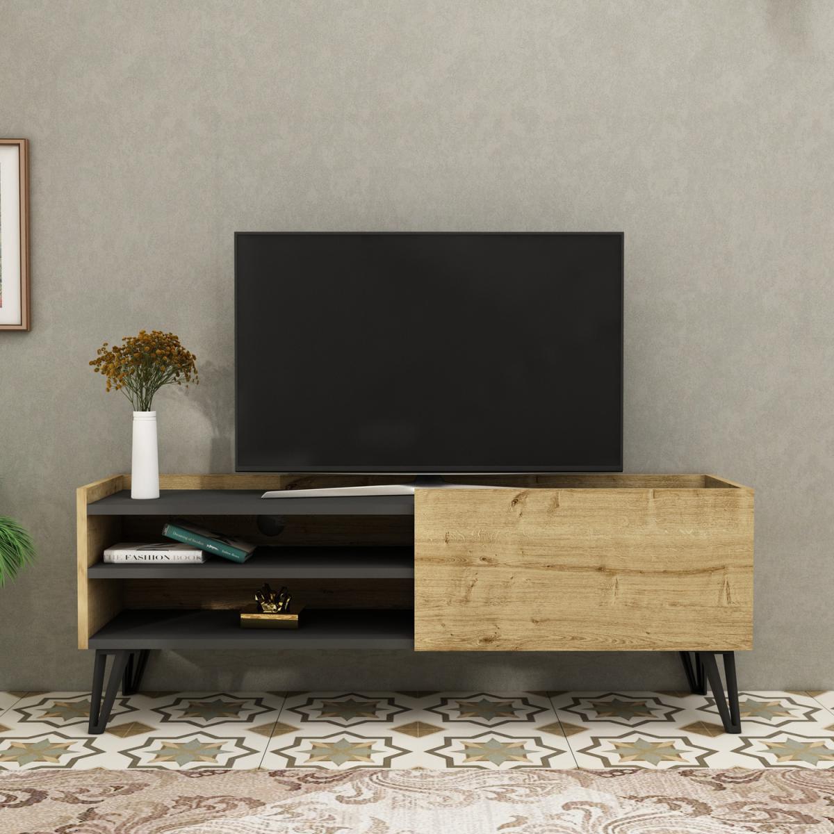 Pivotal TV Stand and Media Console with Cabinet and Shelves - Sapphire Oak - Anthracite – image 5