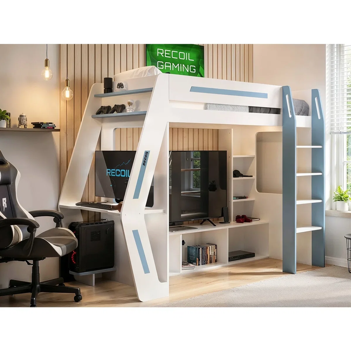 Recoil Alister Gaming High Sleeper with Desk and TV Stand - White & Blue – image 2