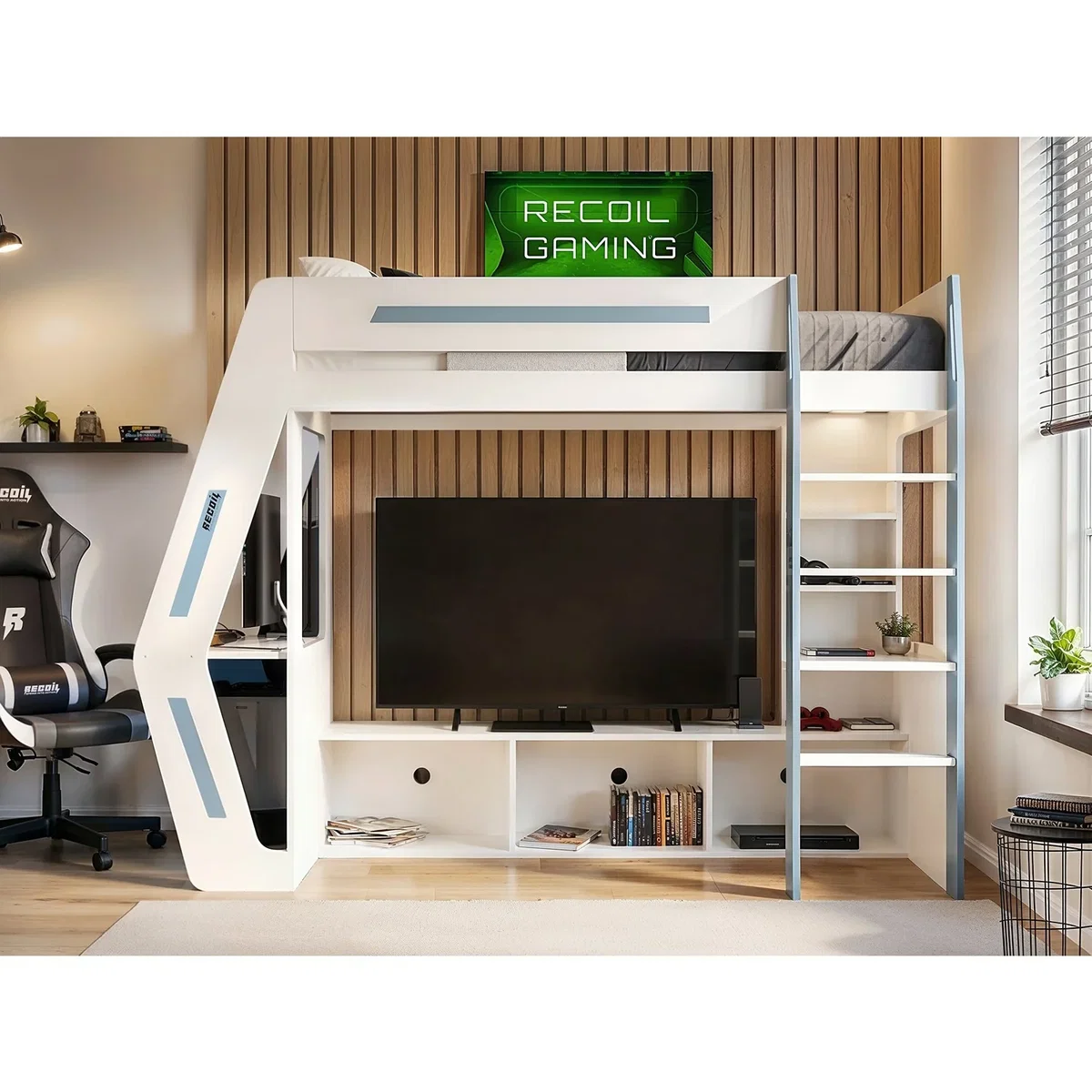 Recoil Alister Gaming High Sleeper with Desk and TV Stand - White & Blue – image 3