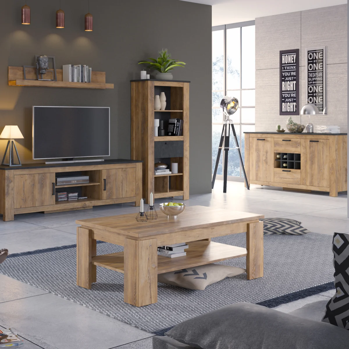 Rapallo 1 Door 138 cm TV Cabinet in Chestnut and Matera Grey - Chestnut & Matera Grey – image 2
