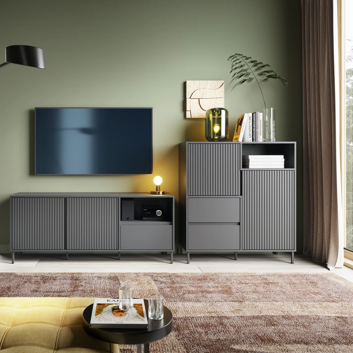 Avenale Wide TV Cabinet 2 Door 1 Drawer in Anthracite - Anthracite – image 5