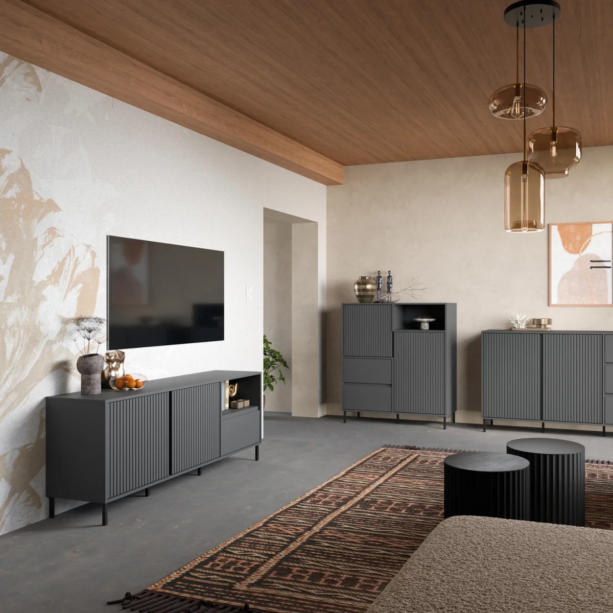 Avenale Wide TV Cabinet 2 Door 1 Drawer in Anthracite - Anthracite – image 6