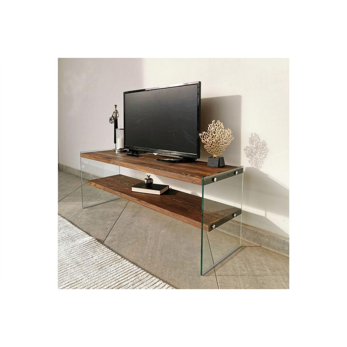 Solid Wood and Glass TV Unit Shelf Tv104 Transparent Walnut - Transparent & Walnut – image 3