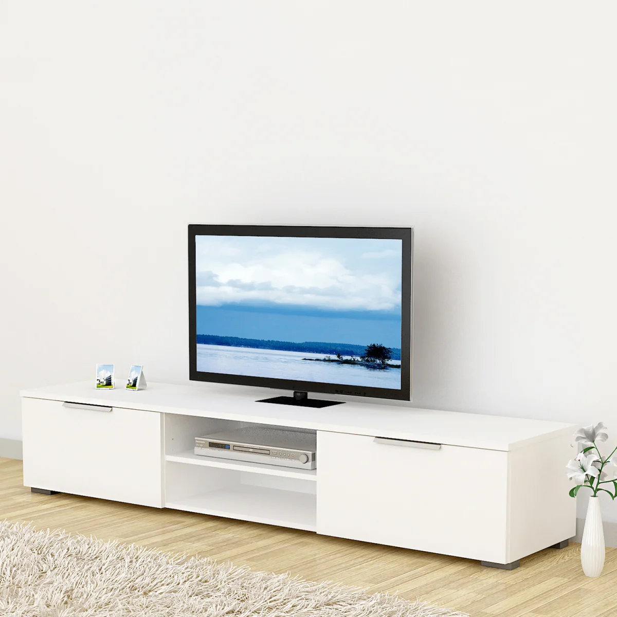 Match TV Unit 2 Drawers 2 Shelf in White High Gloss - White – image 7