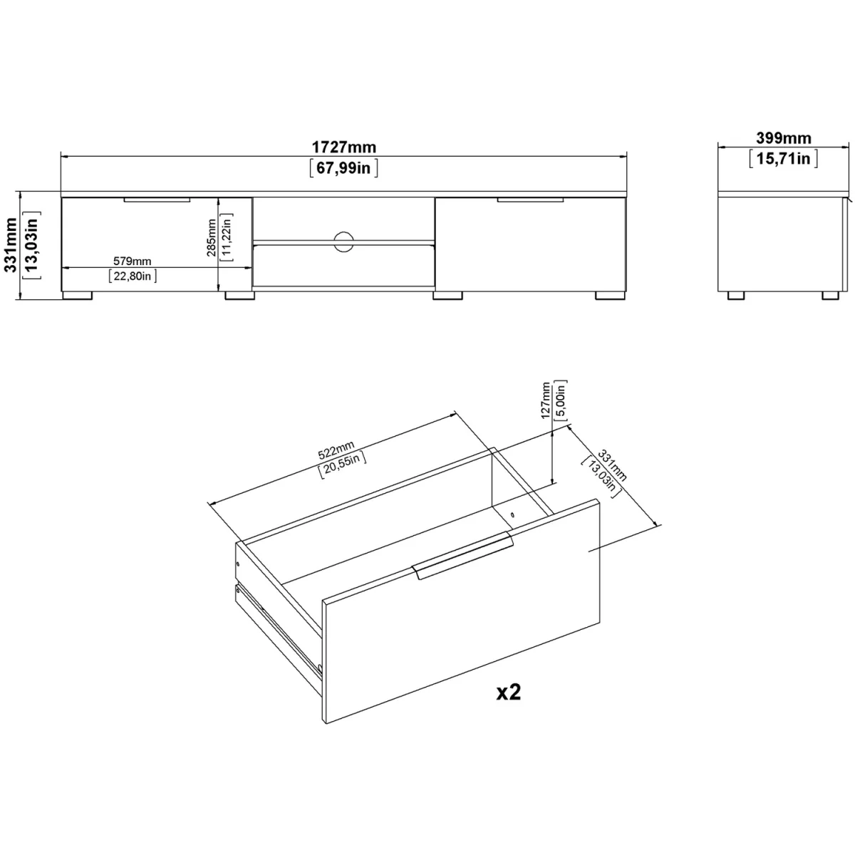 Match TV Unit 2 Drawers 2 Shelf in White High Gloss - White – image 10