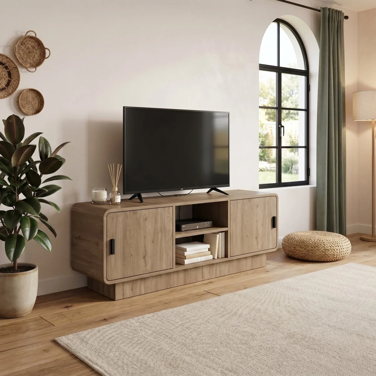 Decortie Rovel TV Unit For TVs Up To 55in With Cupboard Storage - Natural Oak – image 3