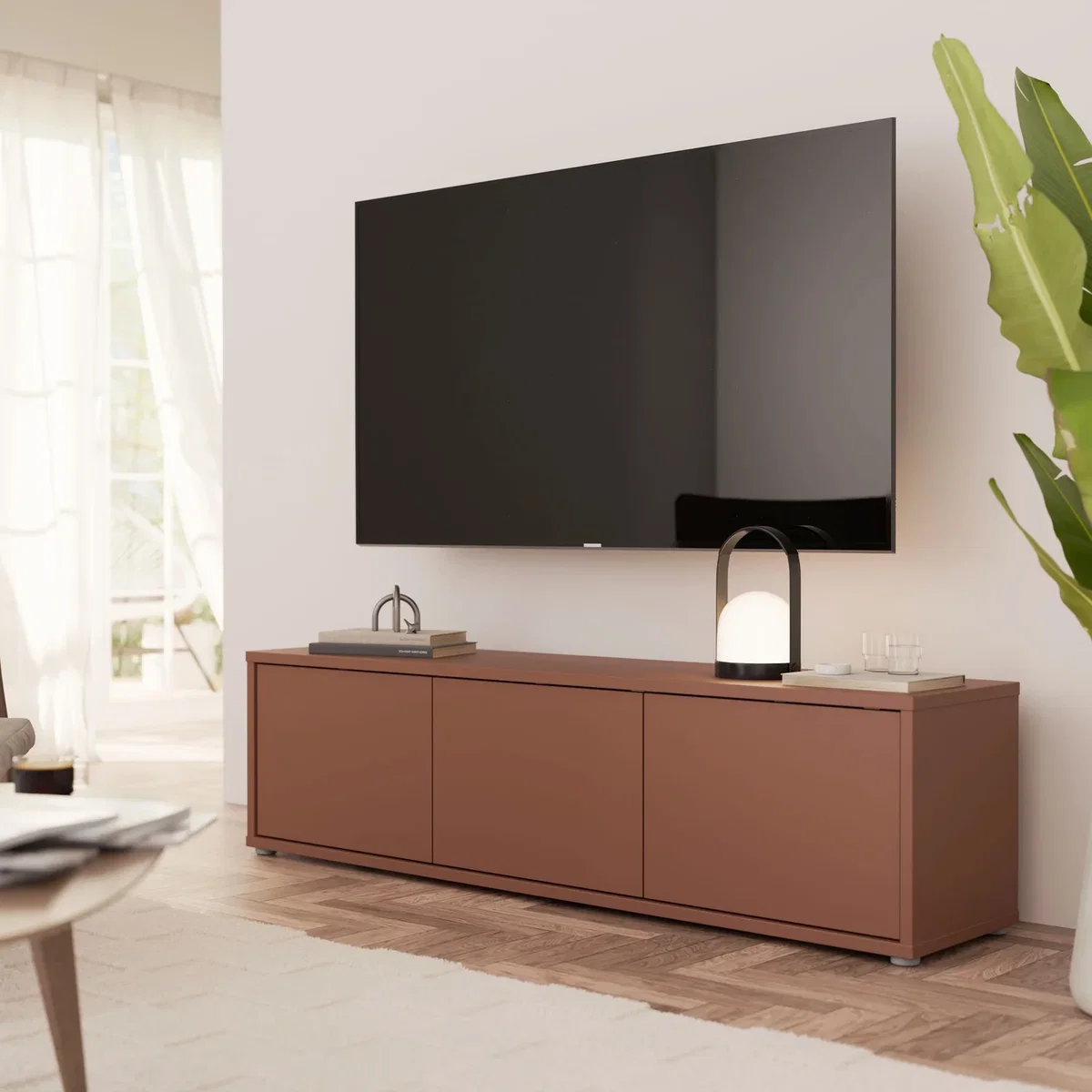 Alice Springs Wide TV Cabinet with 3 Doors Push-Open in Taupe - Terracotta – image 1
