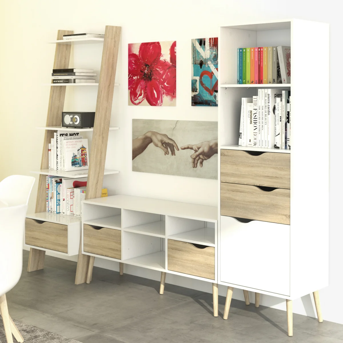 Oslo TV Unit Wide 2 Drawers 4 Shelves in White and Oak - White & Oak – image 4