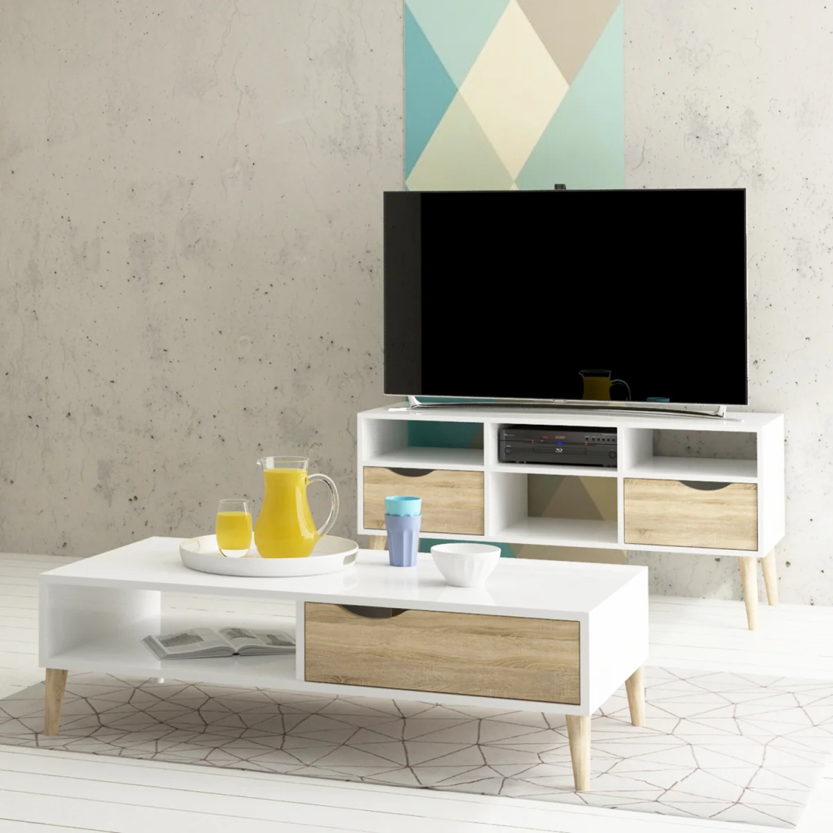 Oslo TV Unit Wide 2 Drawers 4 Shelves in White and Oak - White & Oak – image 7