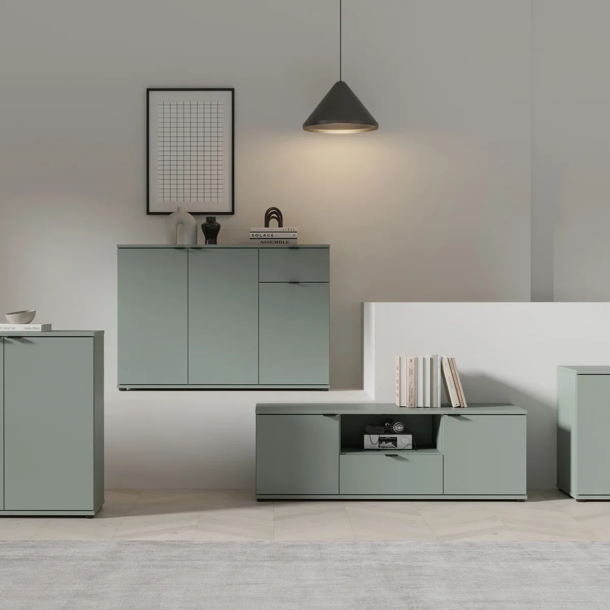 Ganymede Wide TV Unit with Open Shelf, Drawer & 2 Doors - Sage Green – image 20