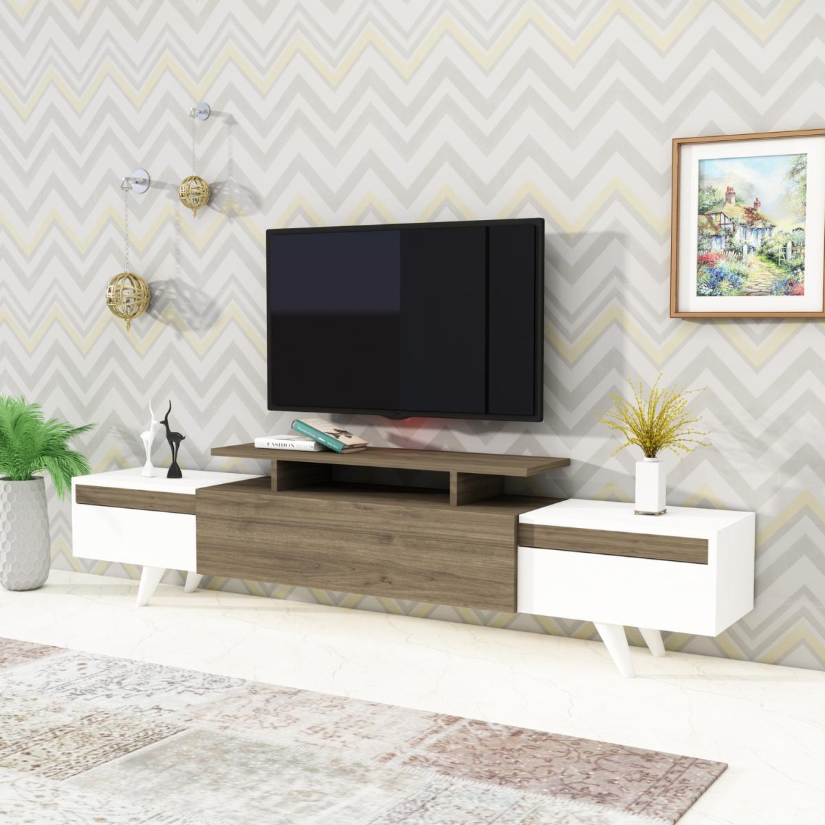 Sirius TV Stand and Media Console with Cabinets and Shelves - White & Walnut – image 3