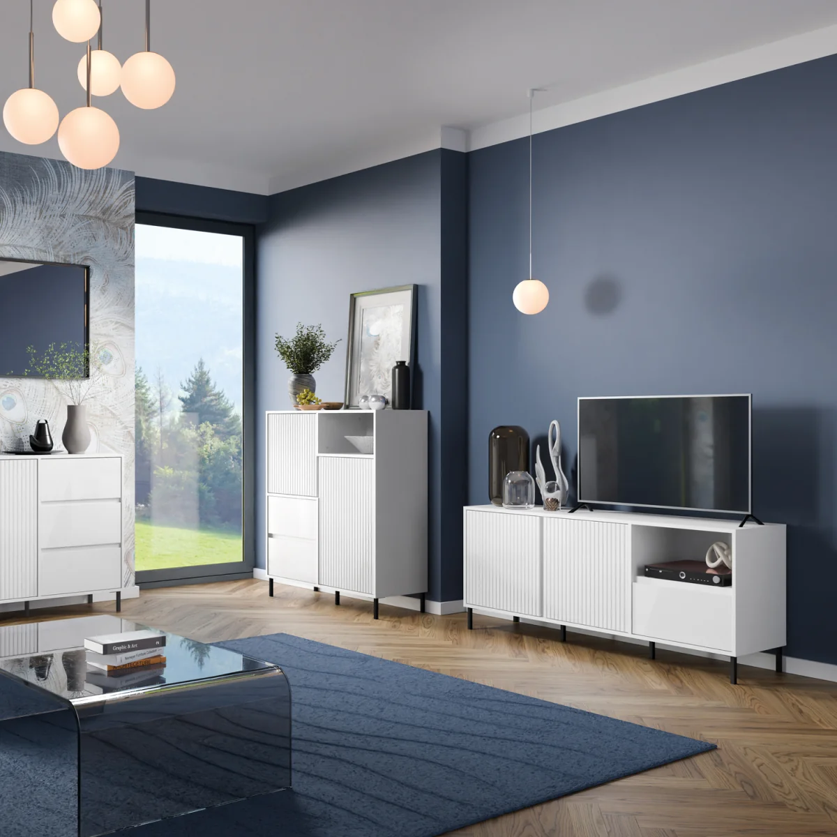 Avenale Wide TV Cabinet 2 Door 1 Drawer in Alpine White High Gloss - White – image 6