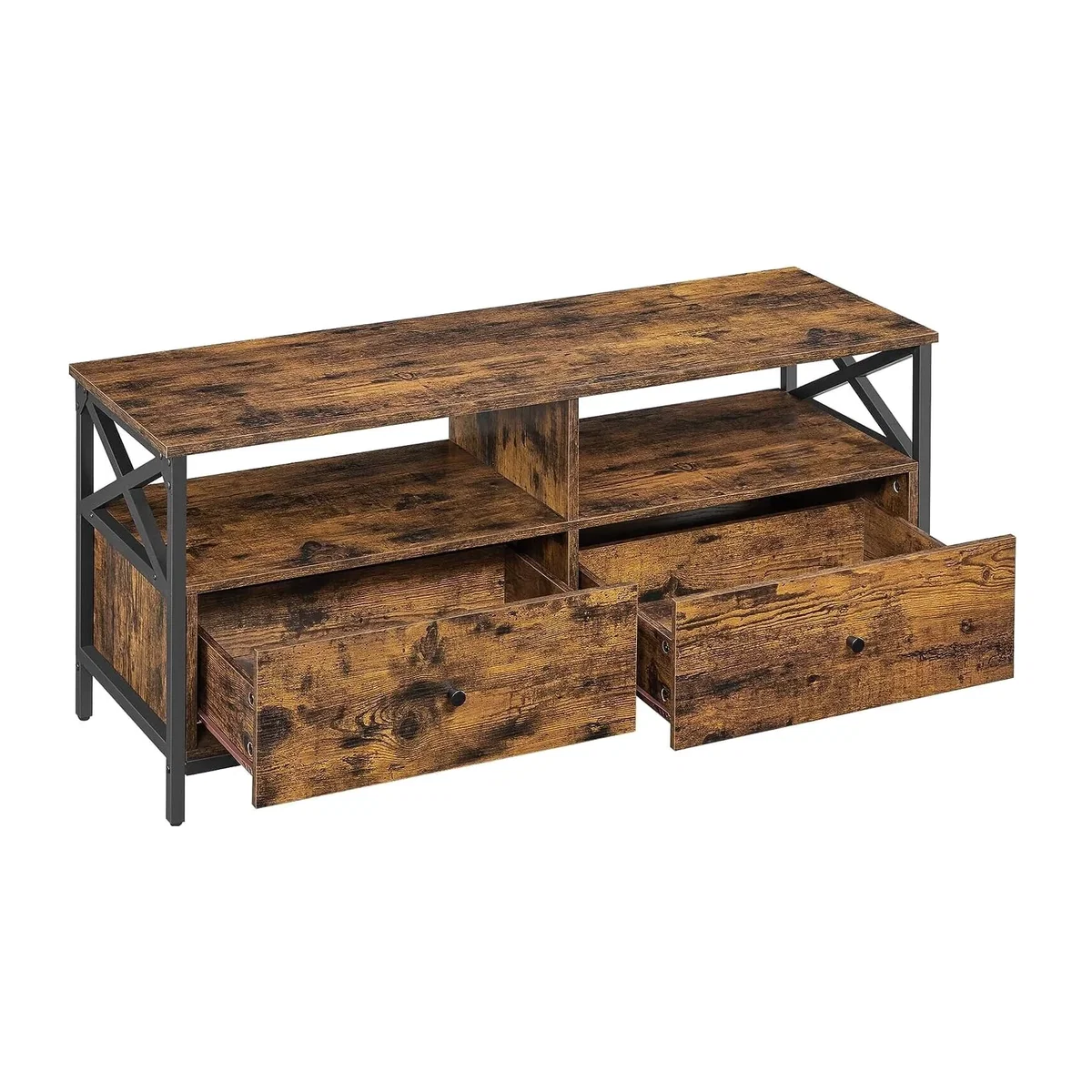 Industrial TV Stand with 2 Drawers and Open Shelving, Rustic Entertainment Storage Unit - Rustic Brown and Black – image 1