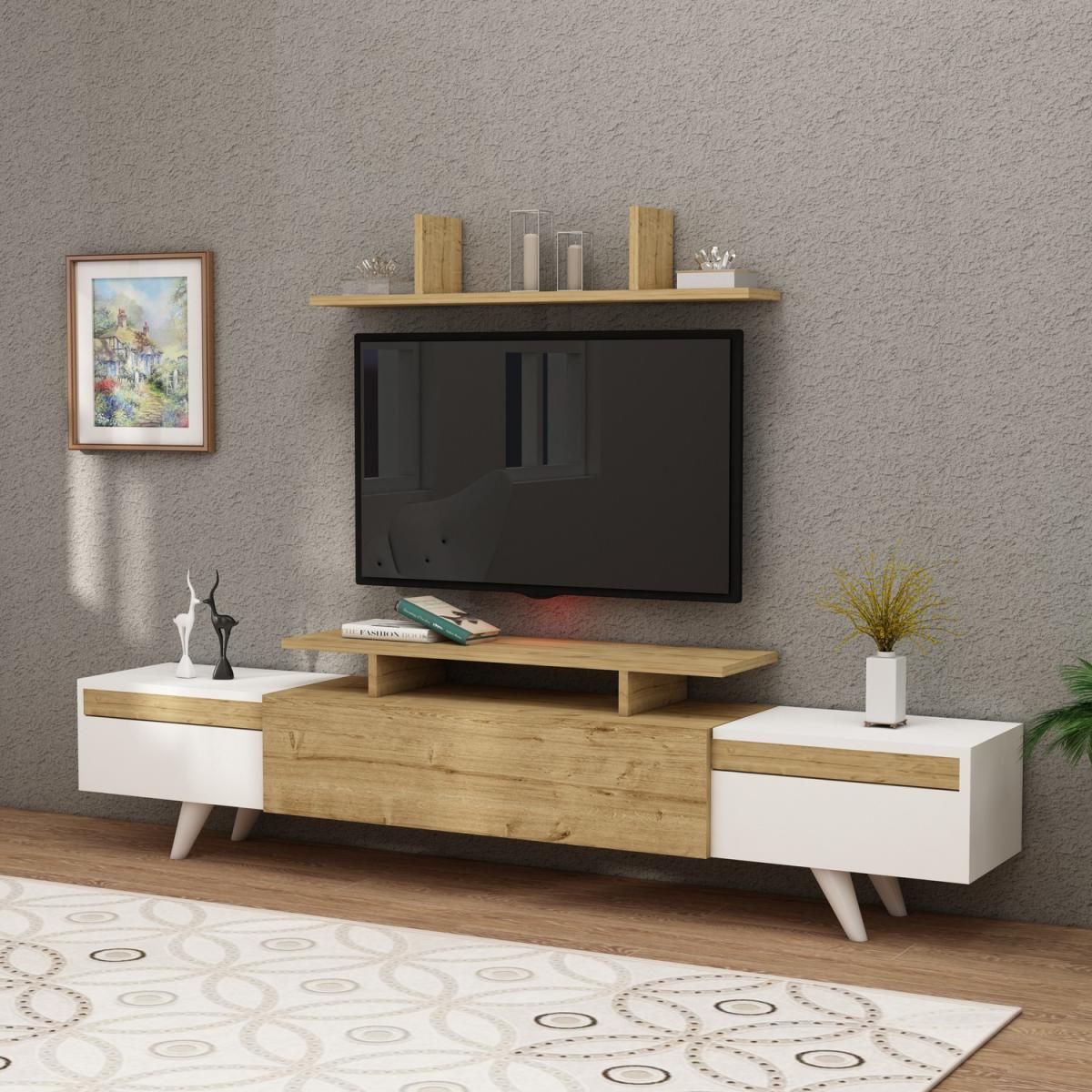 Ashley TV Stand and Entertainment Center with Cabinets - White & Sapphire Oak / Metal PVC Particle Board Plastic – image 2