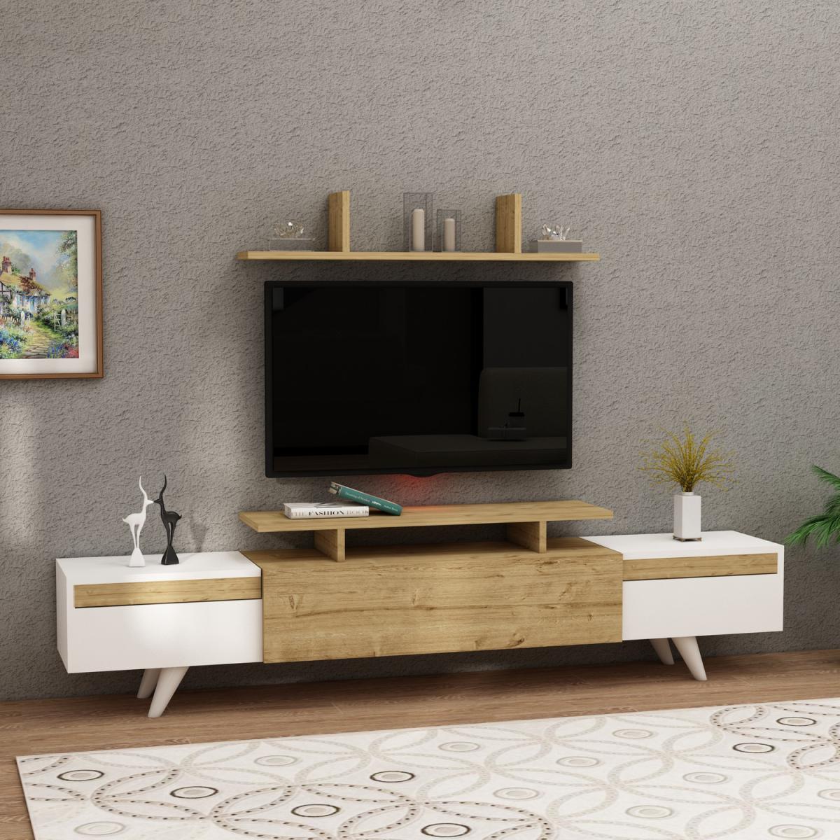 Ashley TV Stand and Entertainment Center with Cabinets - White & Sapphire Oak / Metal PVC Particle Board Plastic – image 3