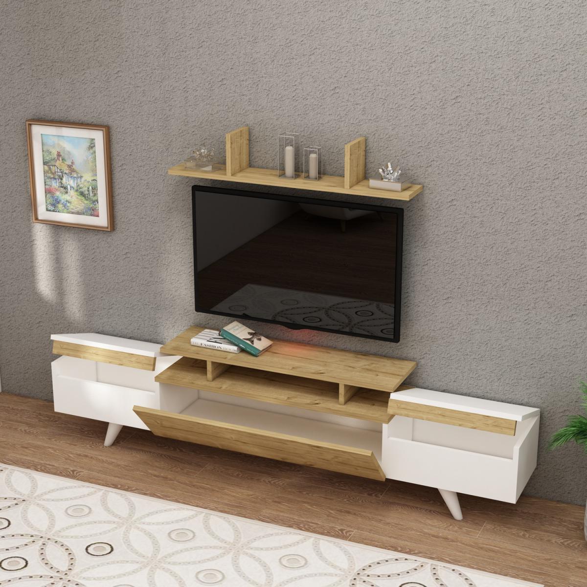 Ashley TV Stand and Entertainment Center with Cabinets - White & Sapphire Oak / Metal PVC Particle Board Plastic – image 4
