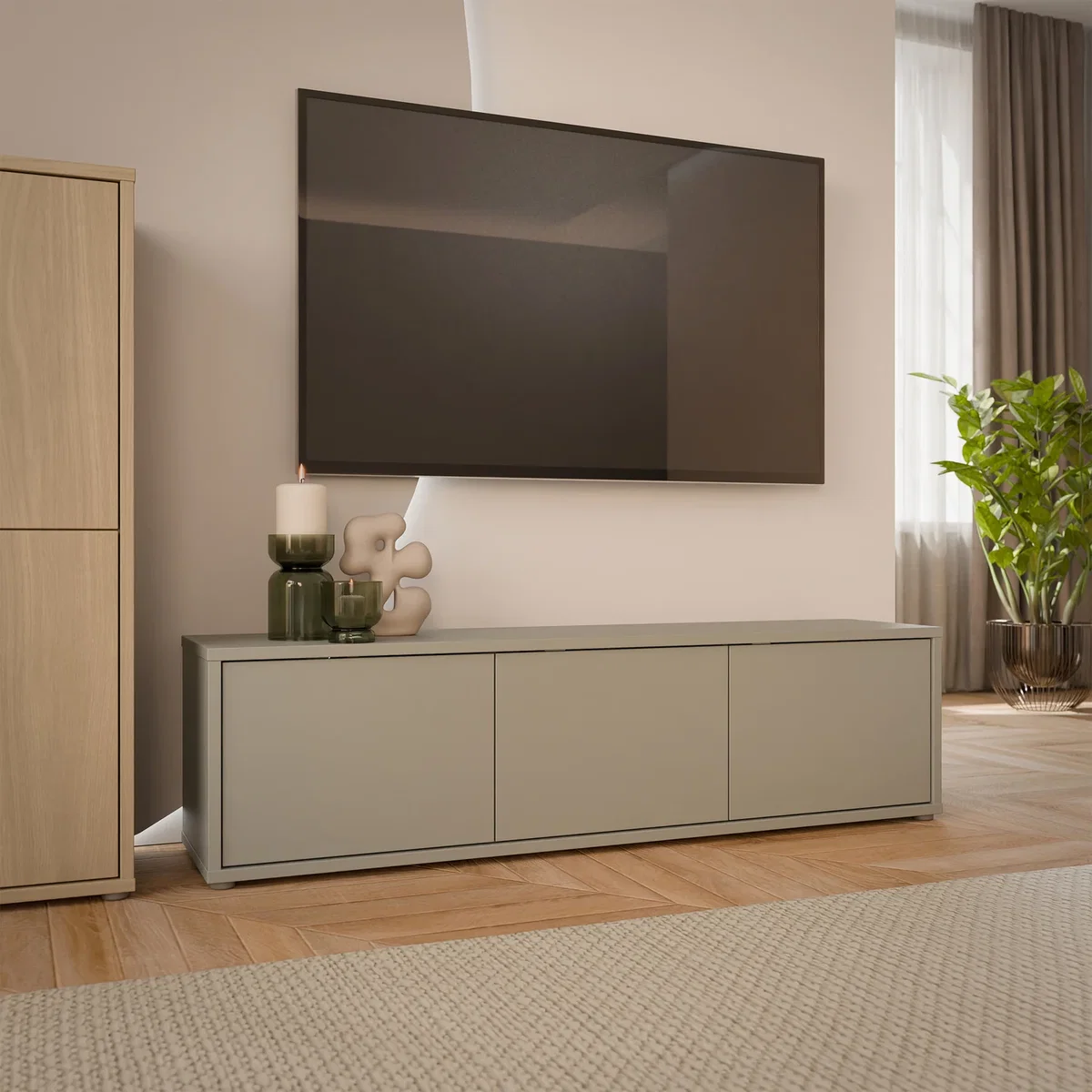 Alice Springs Wide TV Cabinet with 3 Doors Push-Open in Taupe - Butter Yellow – image 2