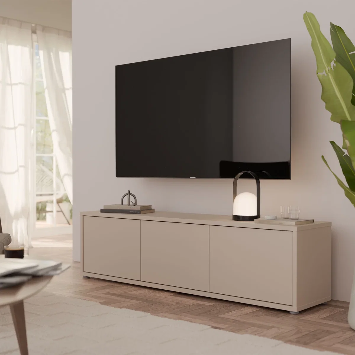 Alice Springs Wide TV Cabinet with 3 Doors Push-Open in Taupe - Butter Yellow – image 16