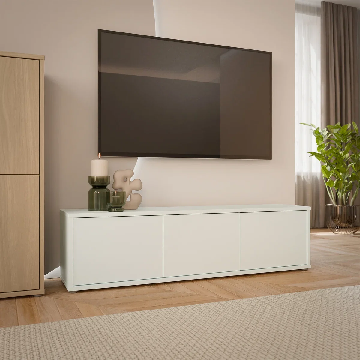 Alice Springs Wide TV Cabinet with 3 Doors Push-Open in Taupe - Butter Yellow – image 24