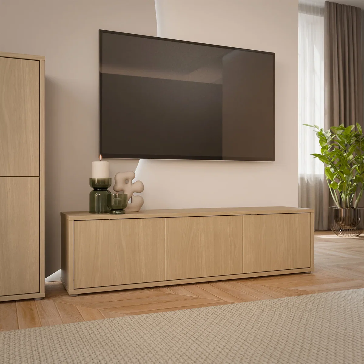 Alice Springs Wide TV Cabinet with 3 Doors Push-Open in Taupe - Butter Yellow – image 9
