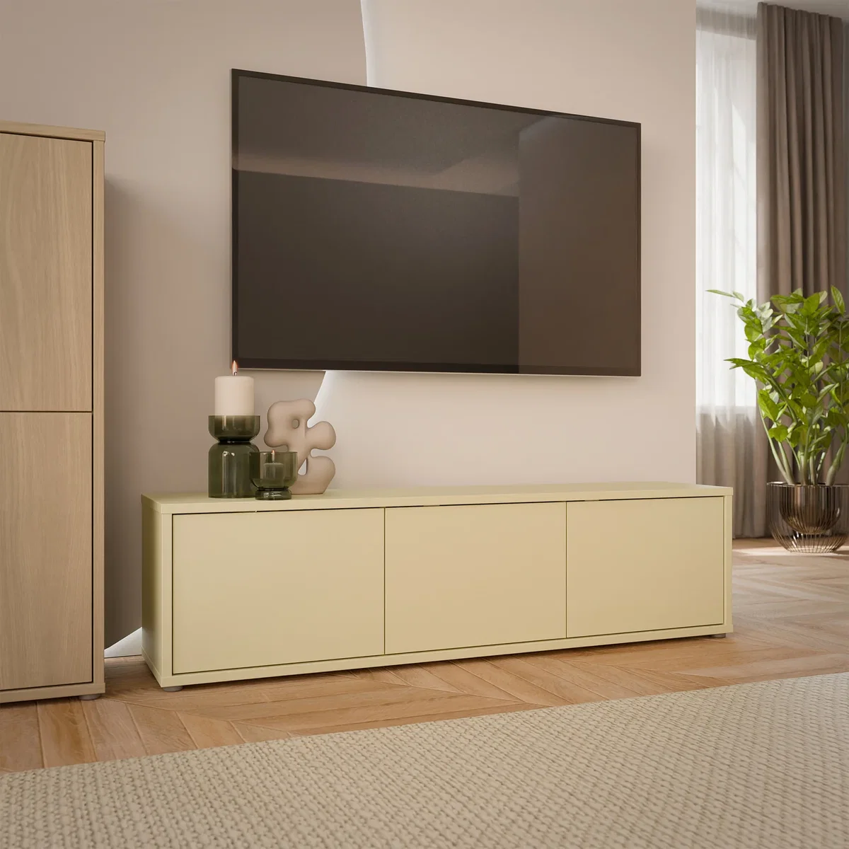 Alice Springs Wide TV Cabinet with 3 Doors Push-Open in Taupe - Butter Yellow – image 1