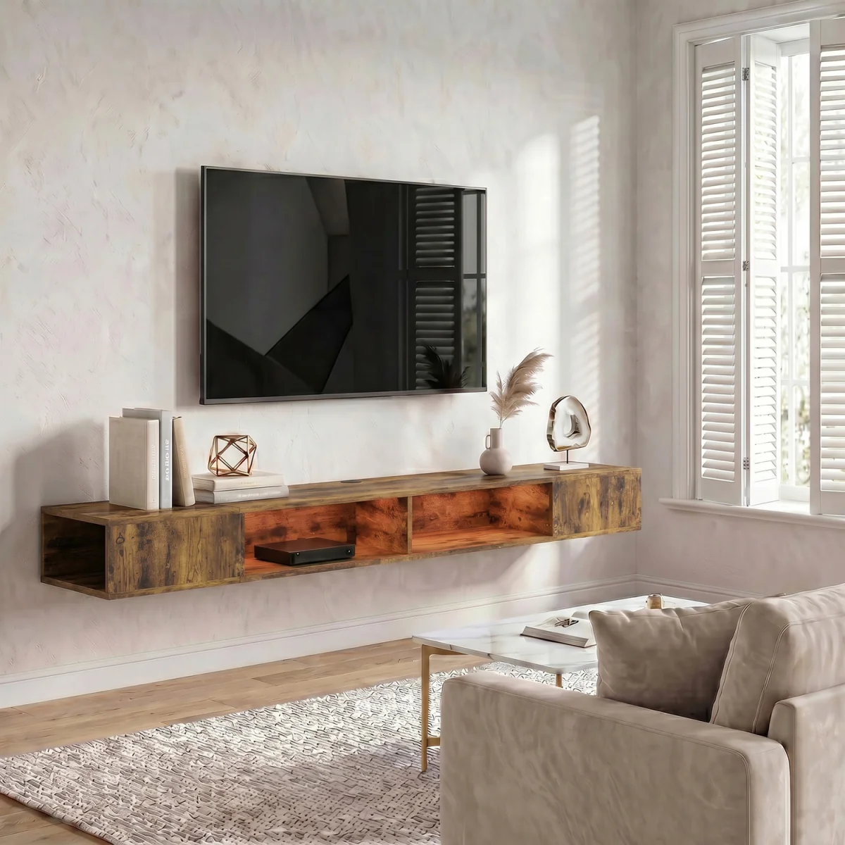 HOMCOM TV Stand with RGB LED Lights for 75-Inch TV - Rustic Brown – image 2