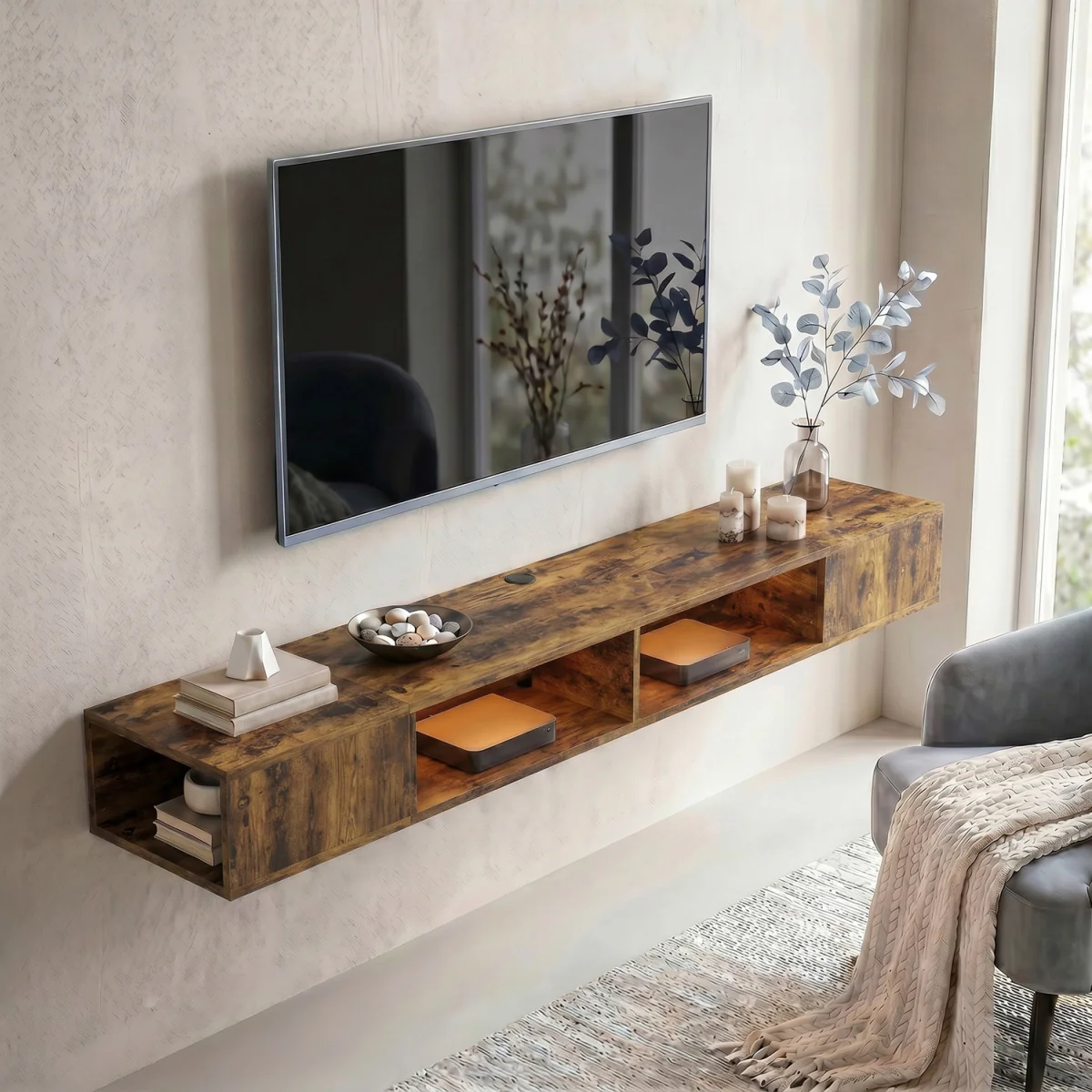 HOMCOM TV Stand with RGB LED Lights for 75-Inch TV - Rustic Brown – image 3